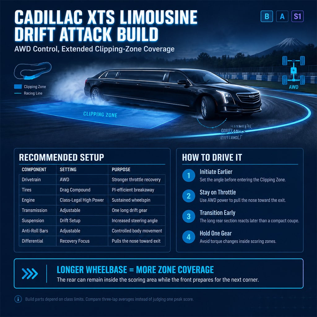 Cadillac XTS Limousine holding a long drift through a blue Clipping Zone