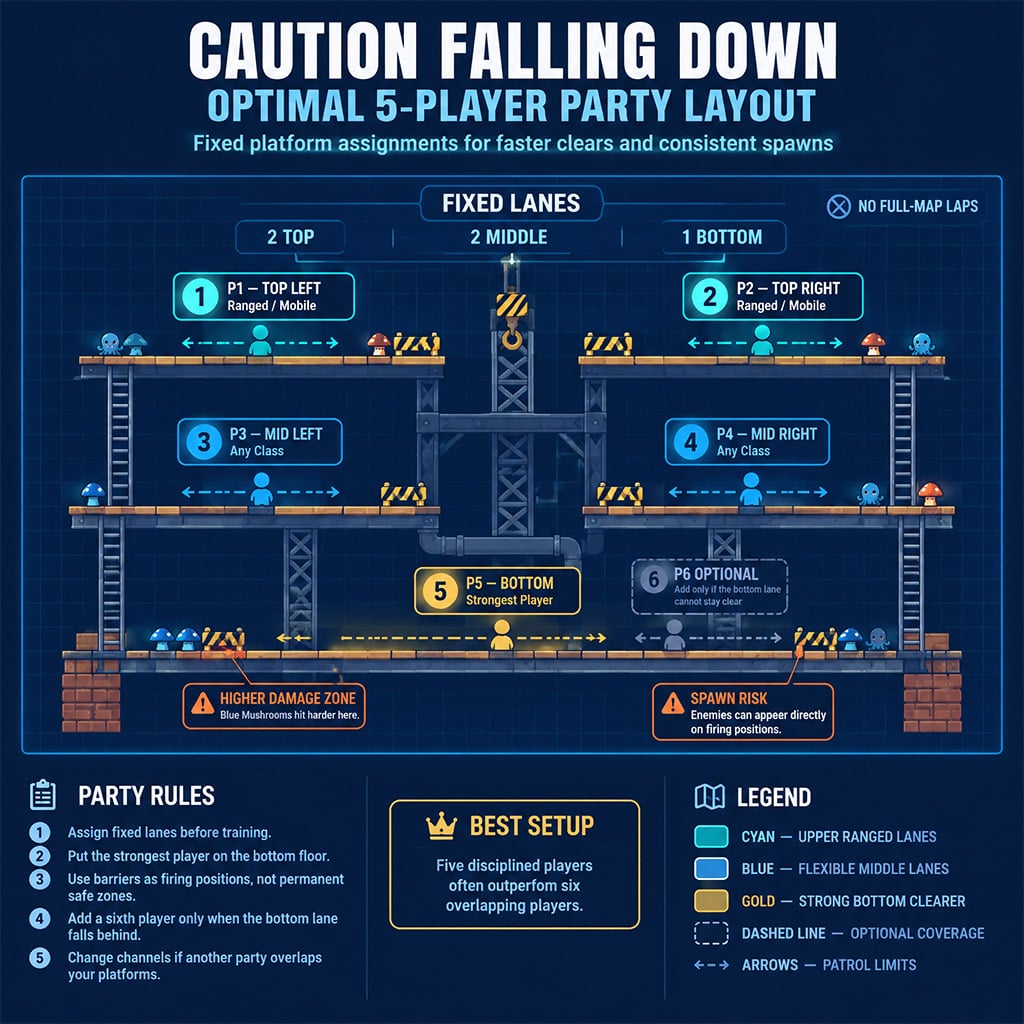 Tactical diagram of Caution Falling Down showing optimal platform assignments for a five-player party Tactical diagram of Caution Falling Down showing optimal platform assignments for a five-player party