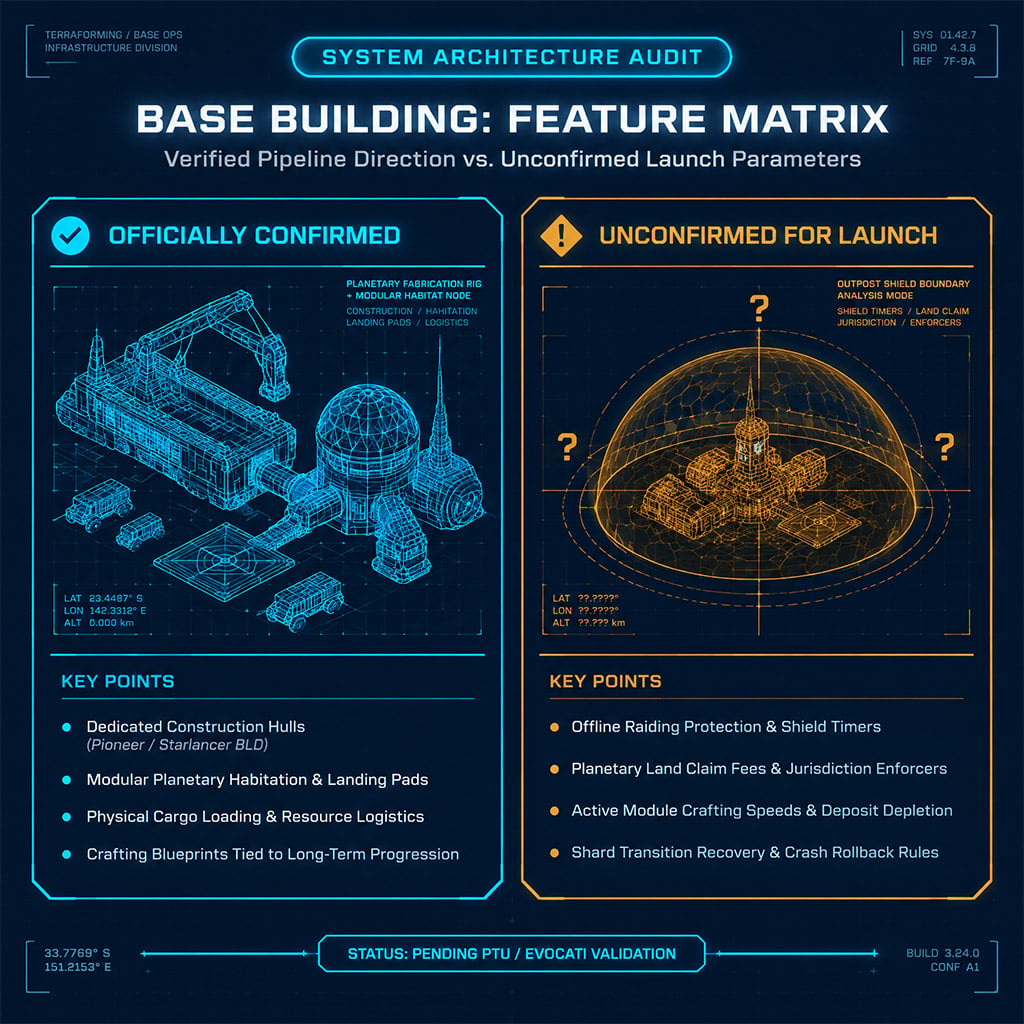 Feature matrix displaying confirmed construction mechanics alongside unverified launch mechanics for Star Citizen Feature matrix displaying confirmed construction mechanics alongside unverified launch mechanics for Star Citizen