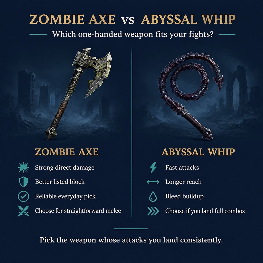 Comparison of Zombie Axe direct damage and Abyssal Whip reach and bleed