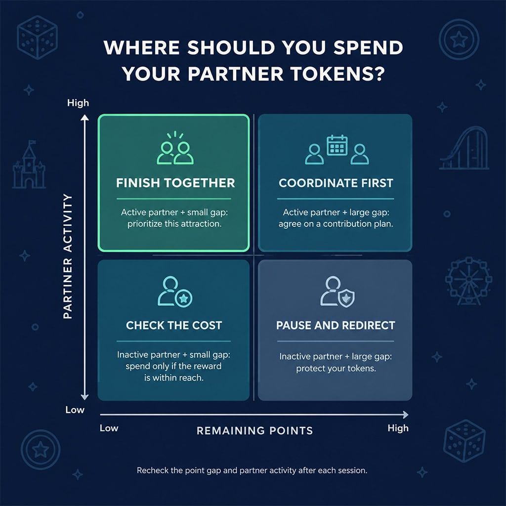 Decision diagram showing how remaining attraction points and partner activity guide event-currency spending.