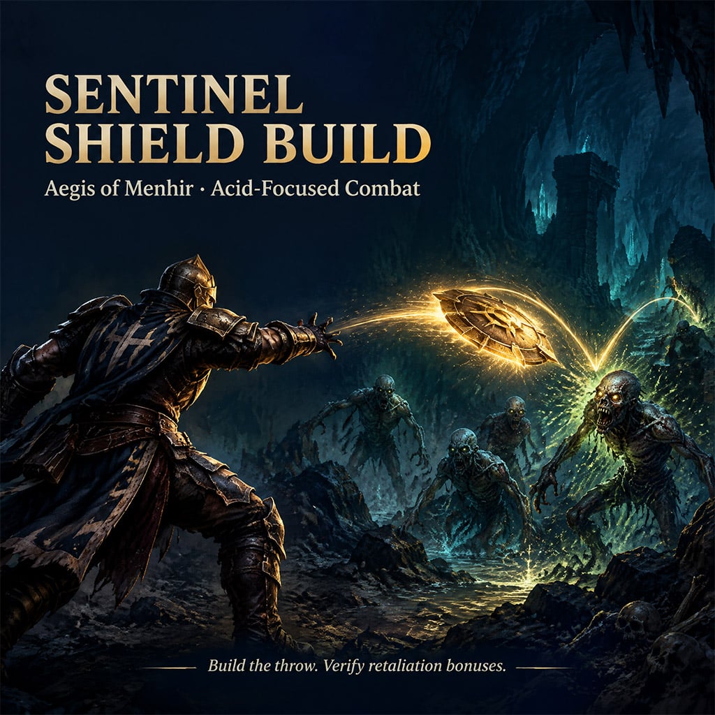 Sentinel character throwing Aegis of Menhir shield at enemy packs in Grim Dawn Sentinel character throwing Aegis of Menhir shield at enemy packs in Grim Dawn