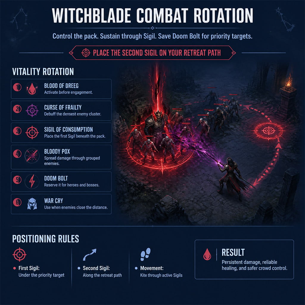 Witchblade applying Curse of Frailty before placing two Sigils along a controlled retreat path