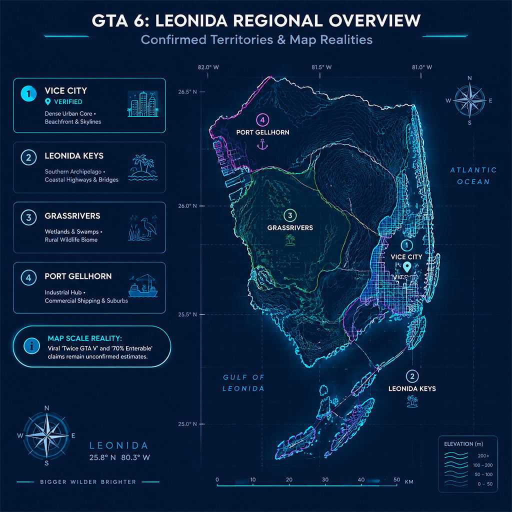 Architectural diagram showcasing confirmed Leonida territories including Vice City, Port Gellhorn, and the Keys. Architectural diagram showcasing confirmed Leonida territories including Vice City, Port Gellhorn, and the Keys.