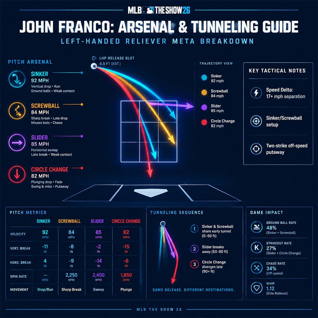 Tactical strike zone pitching chart for John Franco illustrating pitch paths for Sinker, Screwball, Slider, and Circle Change