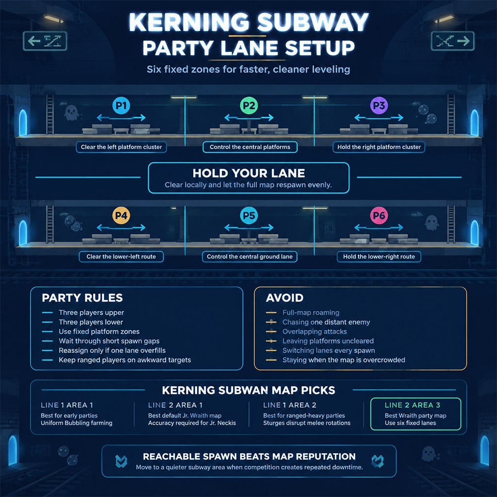 Kerning Subway training layout with six party lanes divided between upper and lower platforms