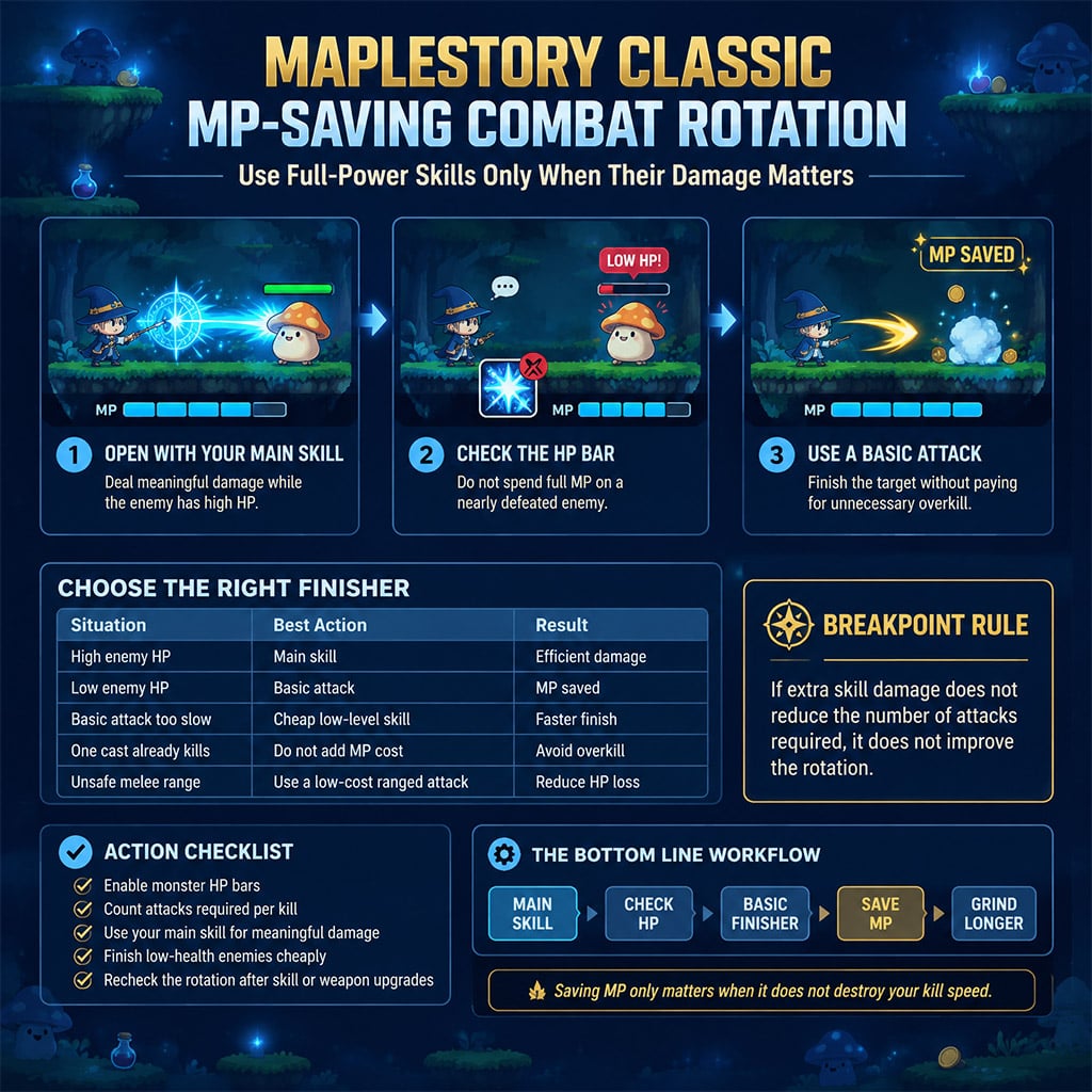 Combat sequence showing a main skill followed by a basic attack to avoid wasting MP on a low-health monster