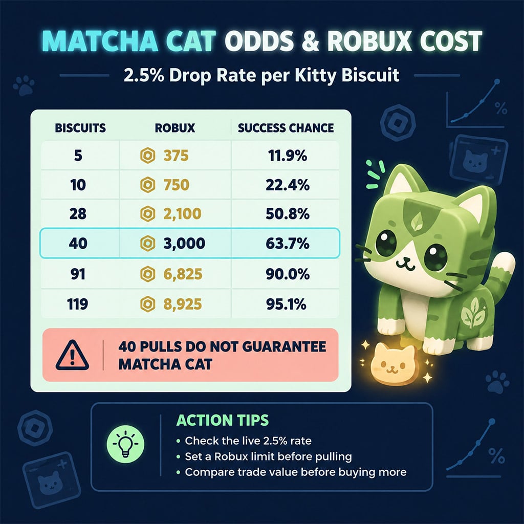 Matcha Cat probability chart showing Robux costs from five to 119 Kitty Biscuits