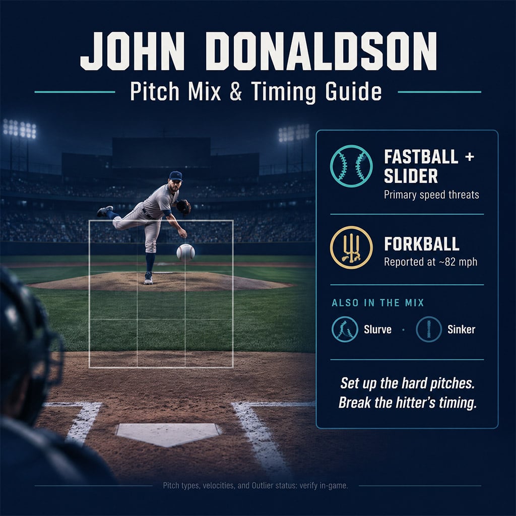 In-game pitching release view of John Donaldson in MLB The Show 26 showing pitch repertoire and velocity tiers.
