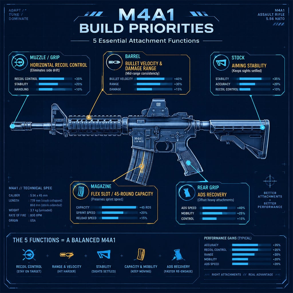 M4A1 build priorities showing recoil control, bullet velocity, ADS speed, and optional magazine capacity