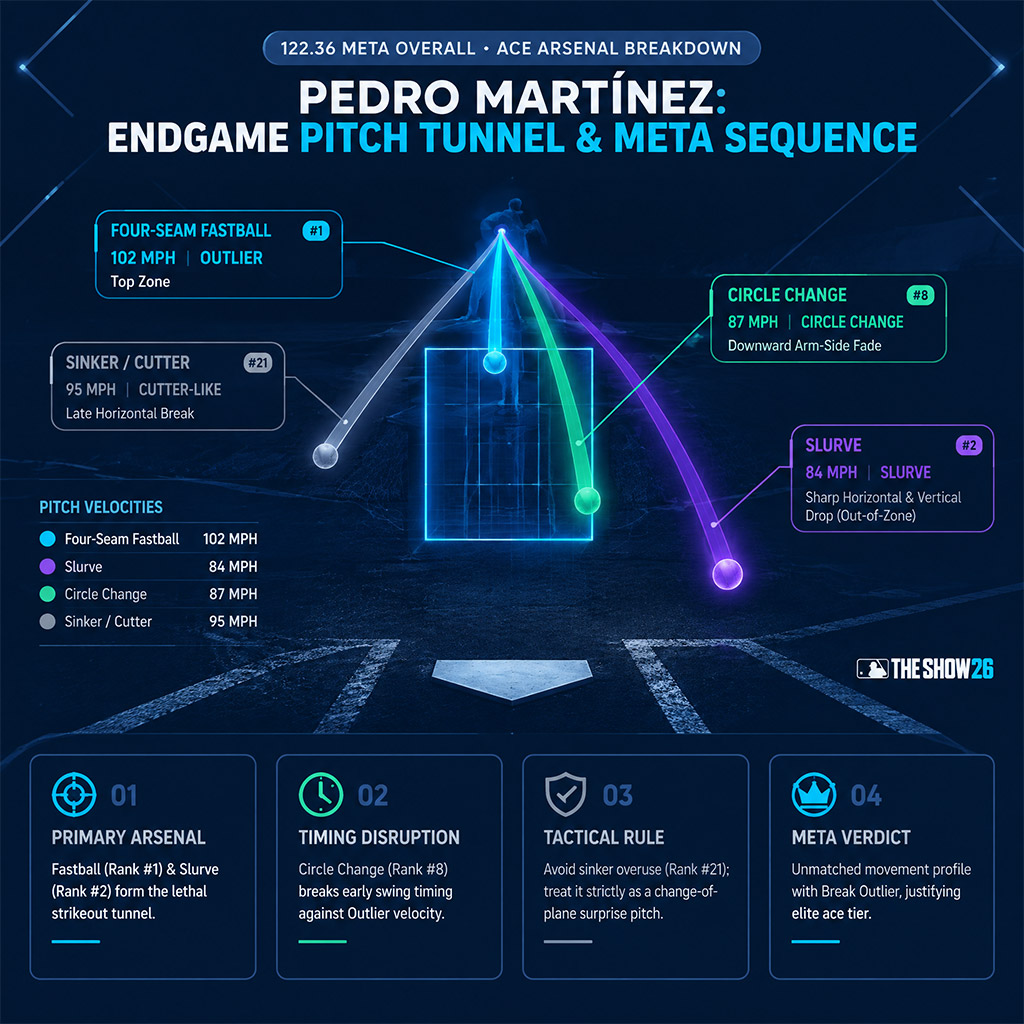 Diagram displaying pitch tunneling and velocity differential for Pedro Martinez endgame card