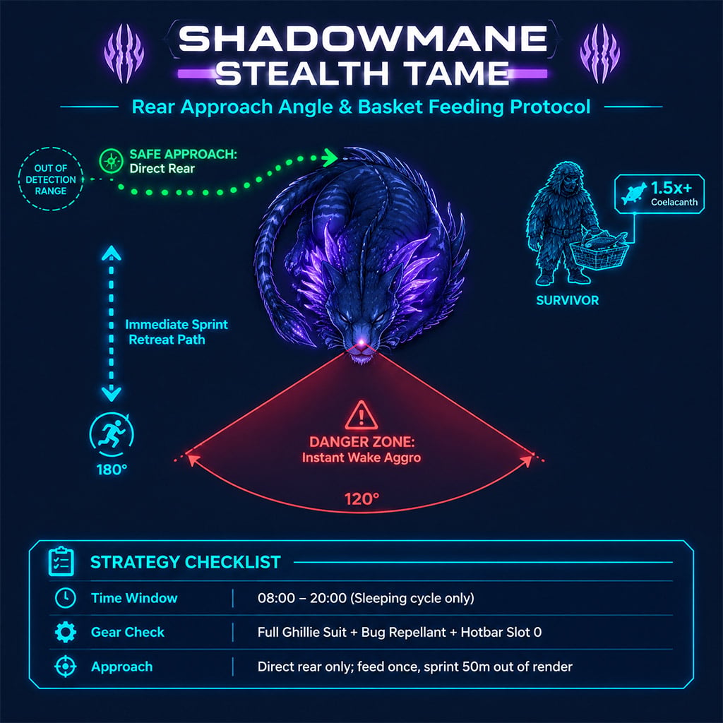 Rear stealth approach path showing survivor feeding a 2.0x Coelacanth to a sleeping Shadowmane Rear stealth approach path showing survivor feeding a 2.0x Coelacanth to a sleeping Shadowmane