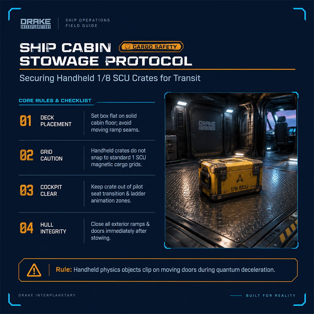 Handheld courier box secured on the interior floor grid of a light cargo ship away from the ramp