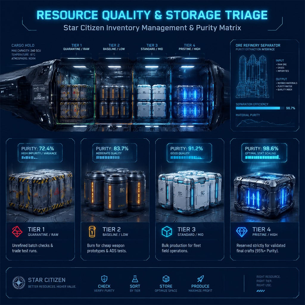 Technical diagram showing a partitioned cargo inventory separating prototype-grade, fleet-standard, and pristine-grade materials. Technical diagram showing a partitioned cargo inventory separating prototype-grade, fleet-standard, and pristine-grade materials.