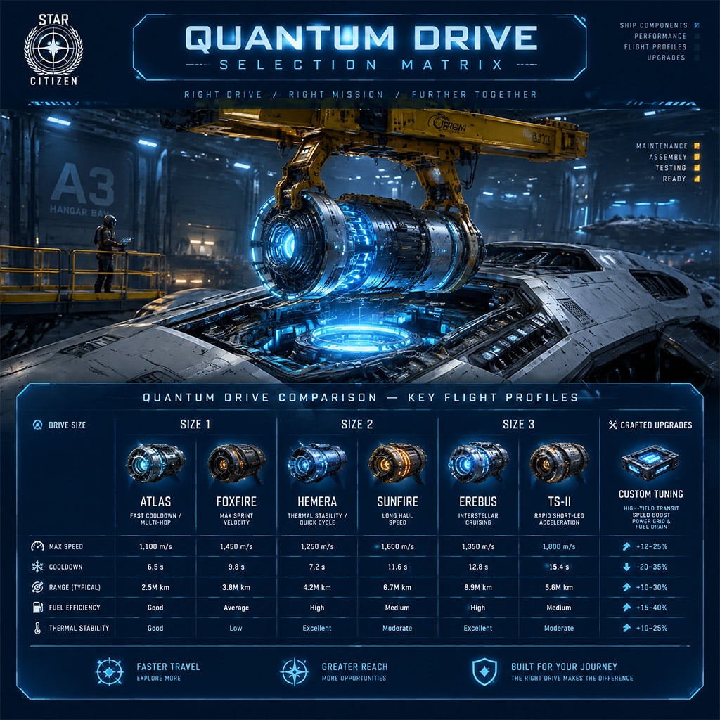 Ship component bay showing an upgraded quantum drive installation in a hangar workshop.