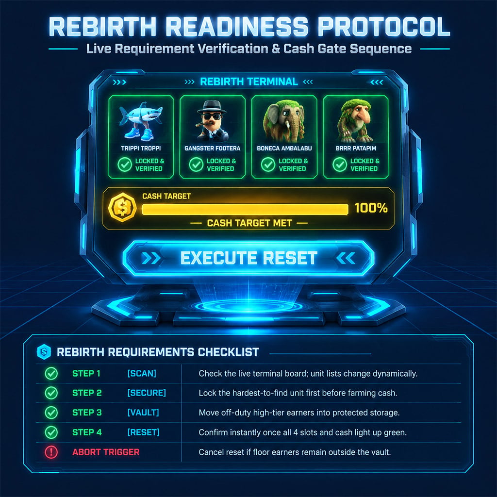 Live rebirth confirmation panel in Steal a Brainrot displaying Brainrot unit requirements and cash targets