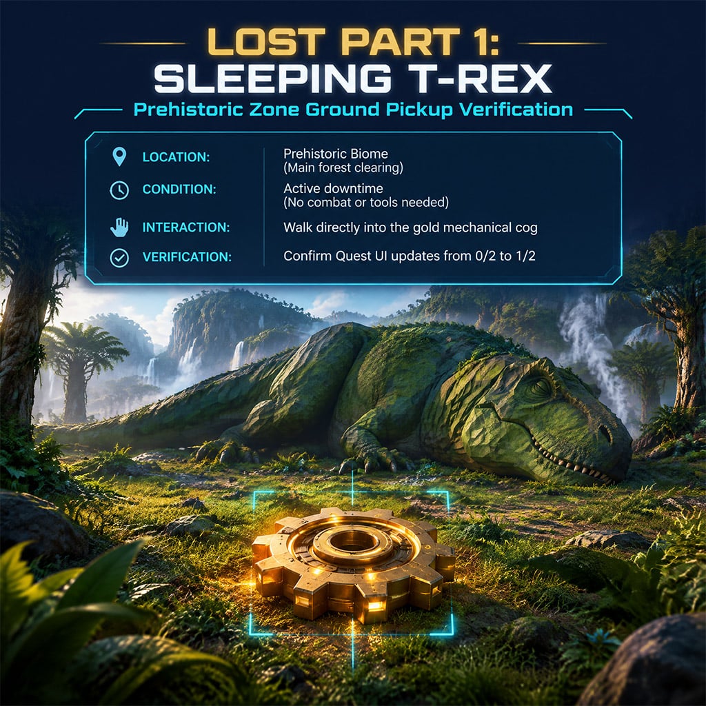 A character collecting a glowing metallic Lost Part sitting on the dirt floor beside a massive sleeping T-Rex. A character collecting a glowing metallic Lost Part sitting on the dirt floor beside a massive sleeping T-Rex.