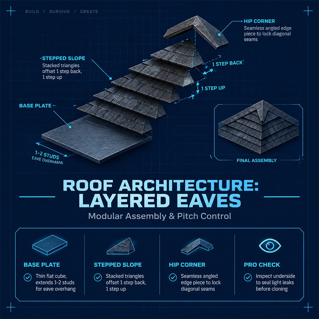 Exploded view of a layered Japanese roof assembly showing eave plate, offset shingle triangles, and ridge caps.