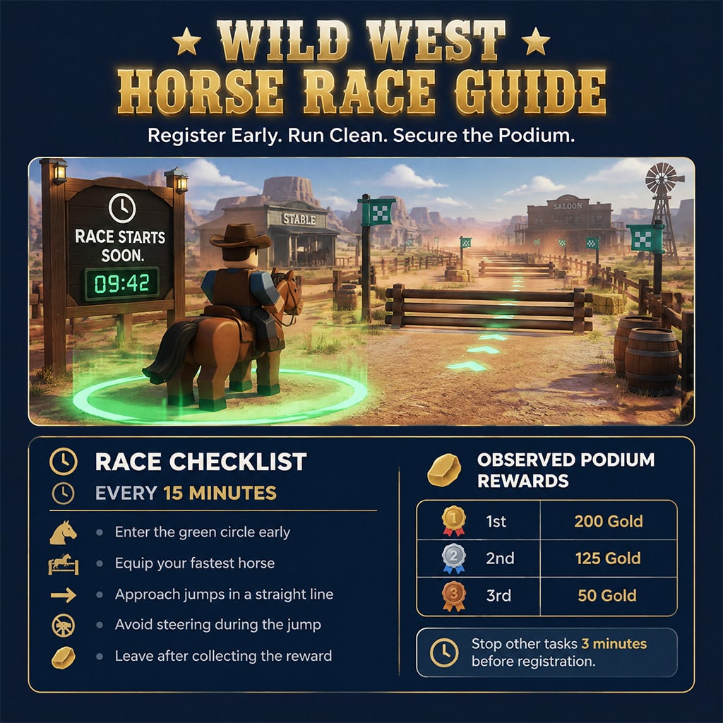 Player entering the Wild West horse race registration circle before the timer expires Player entering the Wild West horse race registration circle before the timer expires