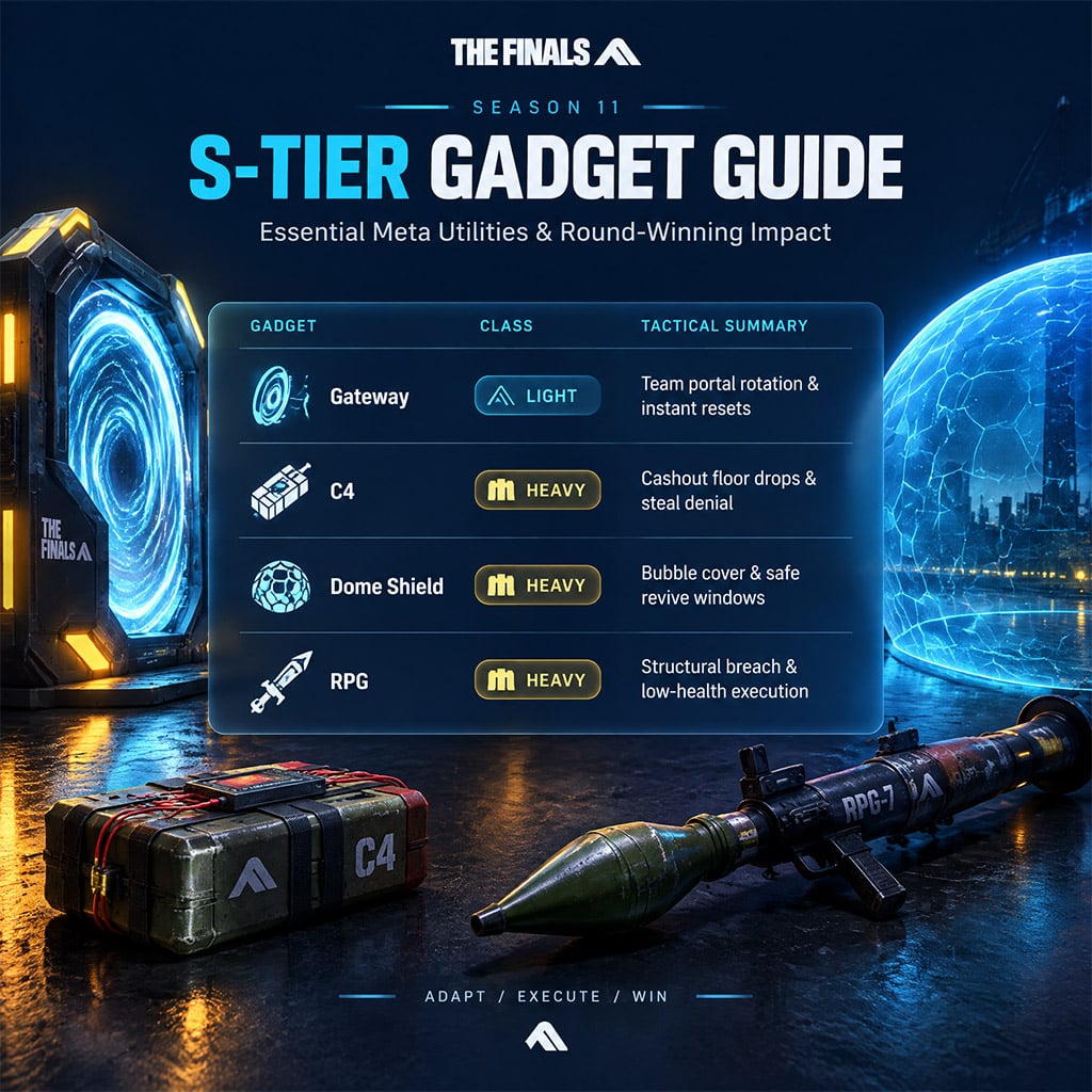 Showcase of S-tier gadgets in THE FINALS including Gateway, C4, Dome Shield, and RPG Showcase of S-tier gadgets in THE FINALS including Gateway, C4, Dome Shield, and RPG