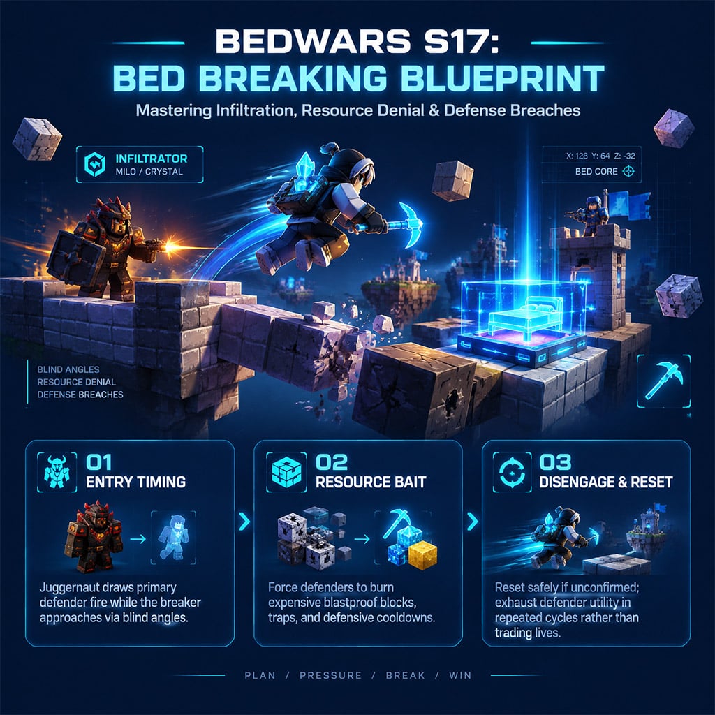 In-game scenario of a player executing a bed push against reinforced defenses in BedWars In-game scenario of a player executing a bed push against reinforced defenses in BedWars