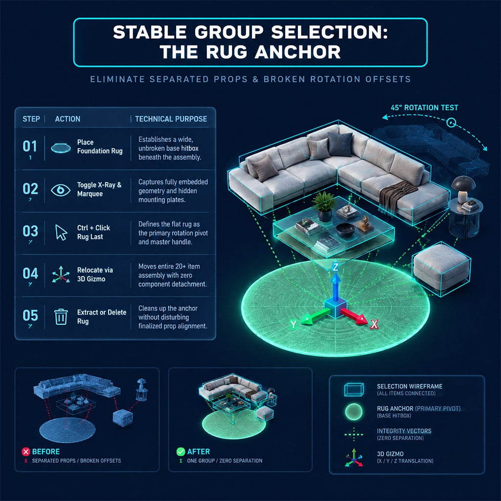 Step-by-step diagram showing a flat rug selected alongside complex furniture to act as a stable group movement handle Step-by-step diagram showing a flat rug selected alongside complex furniture to act as a stable group movement handle