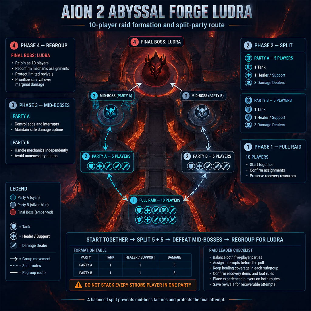 Ten-player AION 2 raid formation splitting into two balanced five-player parties for Abyssal Forge Ludra
