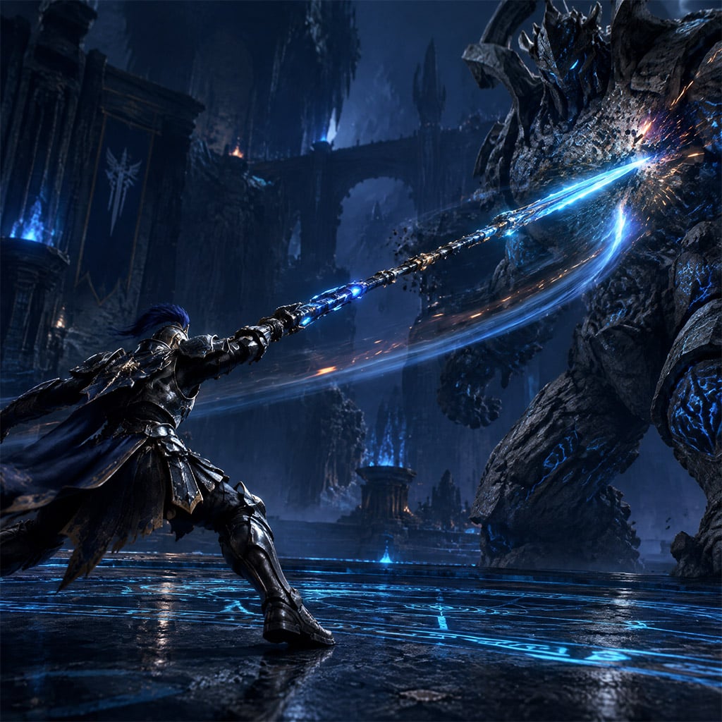 Melee character wielding a Cromede weapon with extended attack range in AION 2
