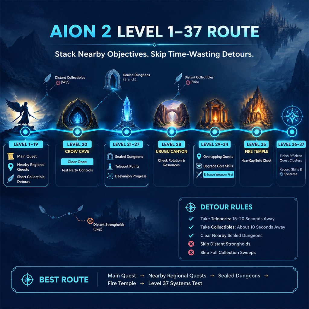 Efficient AION 2 leveling route combining main quests, nearby regional quests, sealed dungeons, and short collectible detours Efficient AION 2 leveling route combining main quests, nearby regional quests, sealed dungeons, and short collectible detours