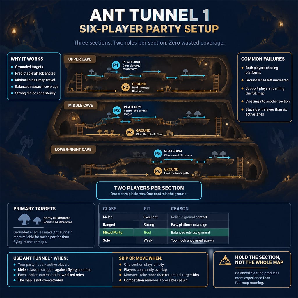 Ant Tunnel 1 party setup divided into three sections with platform and ground assignments