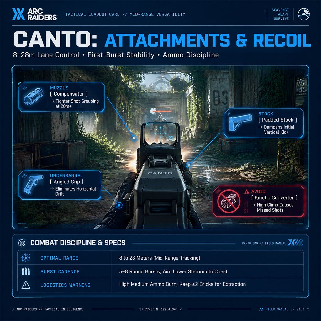 First-person view firing the Canto SMG down a long industrial hallway in ARC Raiders, illustrating stable recoil recovery.