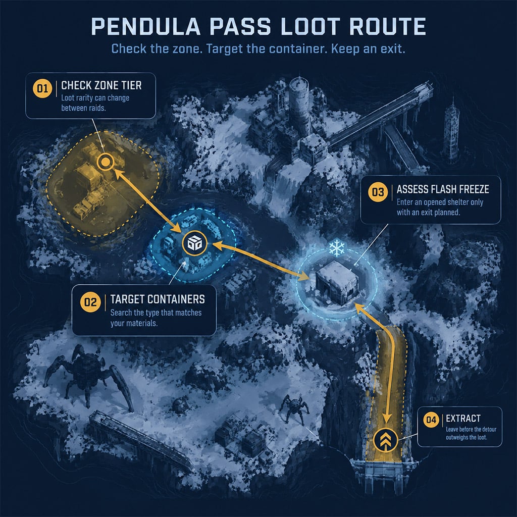 Top-down extraction route map illustrating dynamic loot rarity zones, container types, flash freeze shelter points, and extraction vectors.