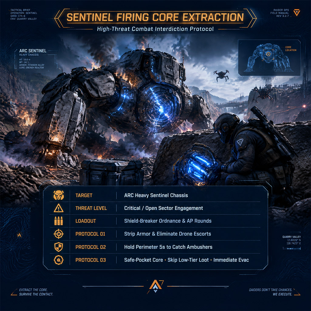 Heavy combat encounter against an ARC Sentinel unit in a devastated valley Heavy combat encounter against an ARC Sentinel unit in a devastated valley