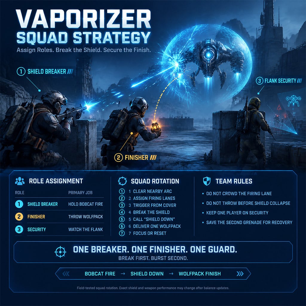 Three-player squad using shield-break, grenade, and flank-security roles against a Vaporizer