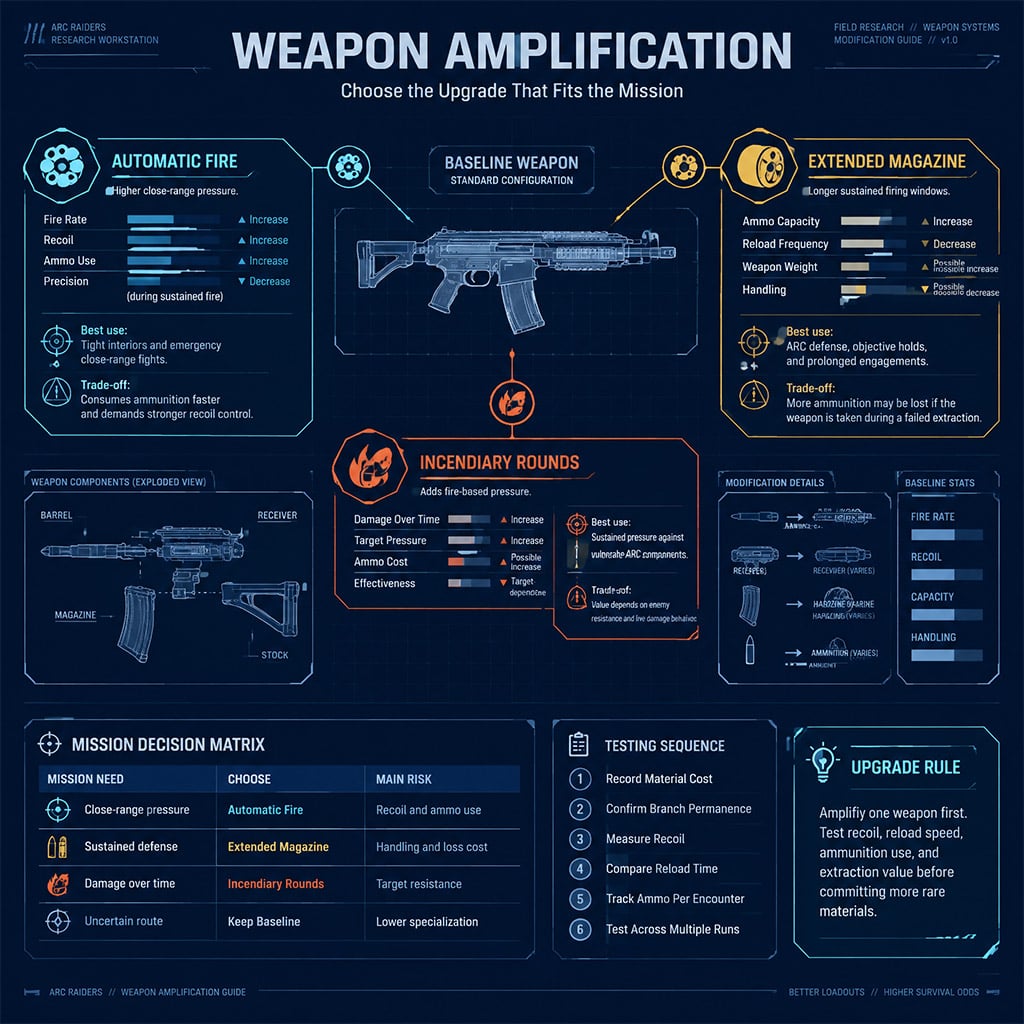 Weapon Amplification branch tree illustrating automatic conversions, extended magazines, and incendiary modifications for baseline firearms
