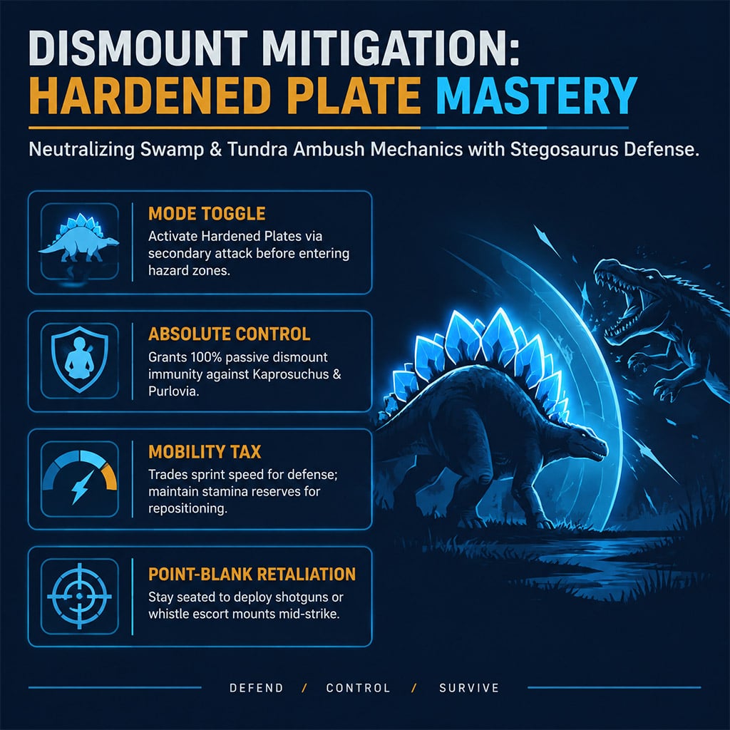 Stegosaurus utilizing hardened plate posture to shield its rider from dismount attacks Stegosaurus utilizing hardened plate posture to shield its rider from dismount attacks