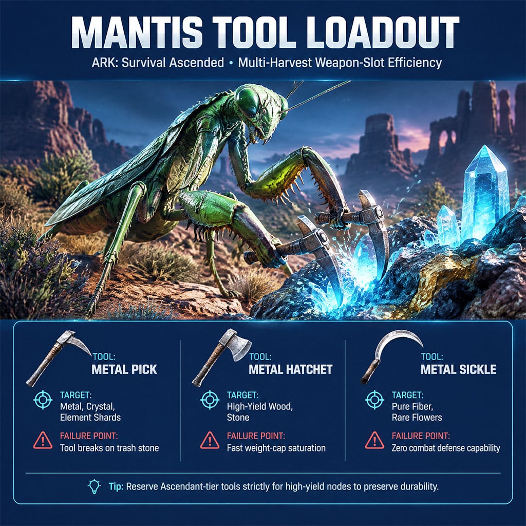 A Mantis in ARK Survival Ascended equipped with dual metal gathering tools in a desert biome A Mantis in ARK Survival Ascended equipped with dual metal gathering tools in a desert biome