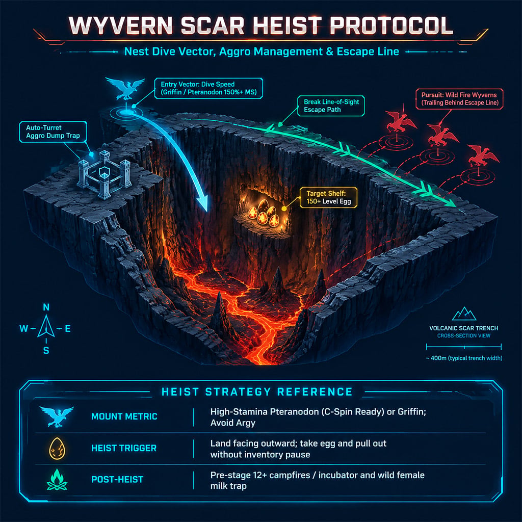 Route overview of an ARK Wyvern scar showing high-speed dive and escape line toward pre-positioned turrets Route overview of an ARK Wyvern scar showing high-speed dive and escape line toward pre-positioned turrets