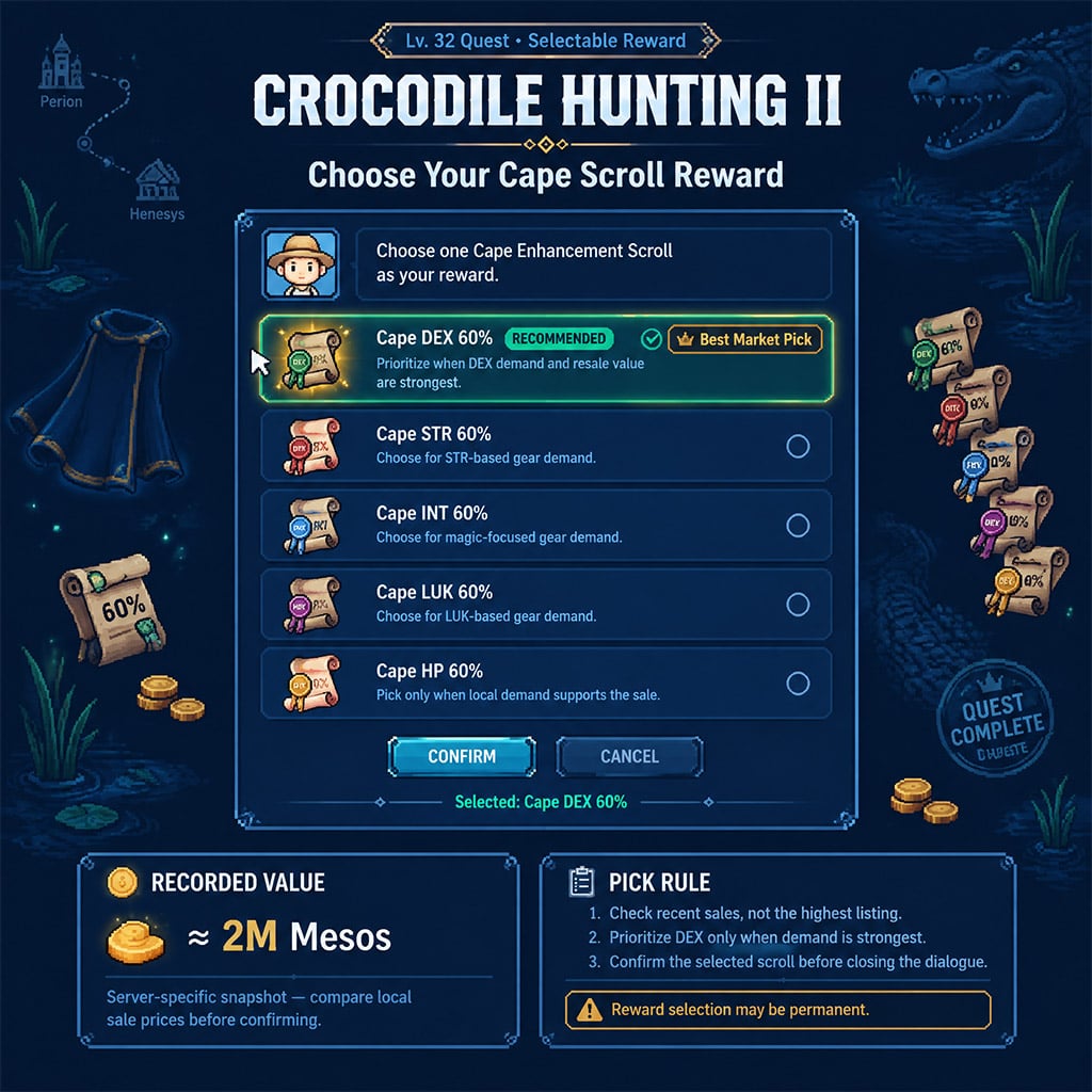 Selection window in MapleStory Classic demonstrating Cape Enhancement scroll options with DEX prioritized
