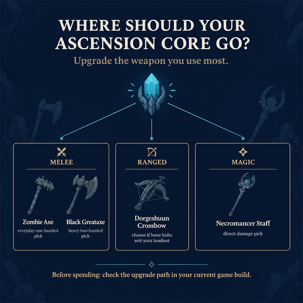 Decision chart for choosing a melee, ranged, or magic Ascension Core upgrade