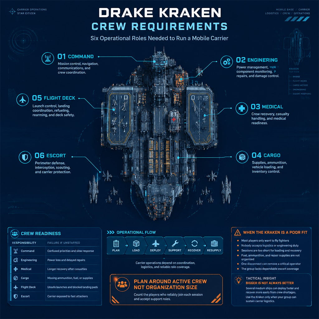 Drake Kraken operations diagram showing command, engineering, medical, cargo, flight-deck, and escort responsibilities