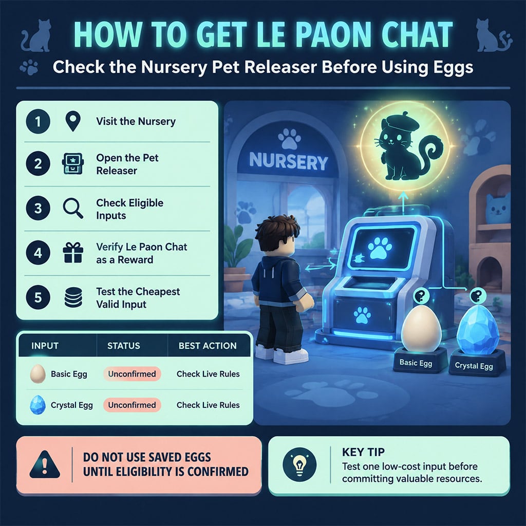 Player checking the Nursery Pet Releaser requirements before using an egg for Le Paon Chat
