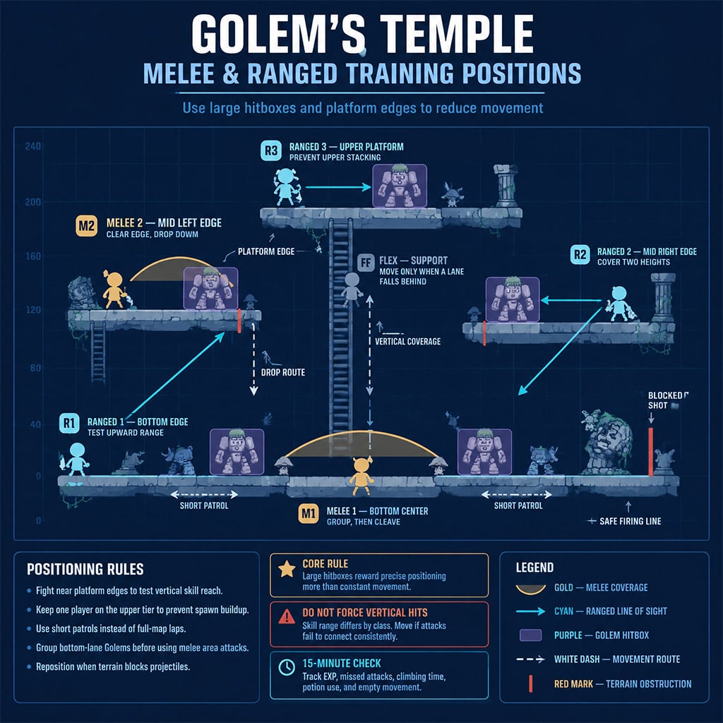 Tactical platform positioning diagram for melee and ranged classes at Golem's Temple Tactical platform positioning diagram for melee and ranged classes at Golem's Temple