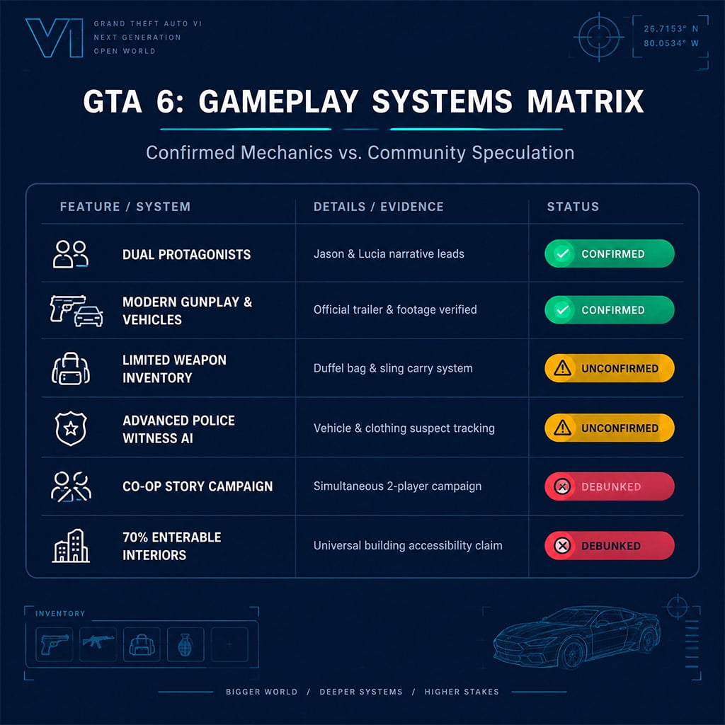 Feature matrix distinguishing between validated GTA 6 gameplay mechanics and speculative community leaks. Feature matrix distinguishing between validated GTA 6 gameplay mechanics and speculative community leaks.