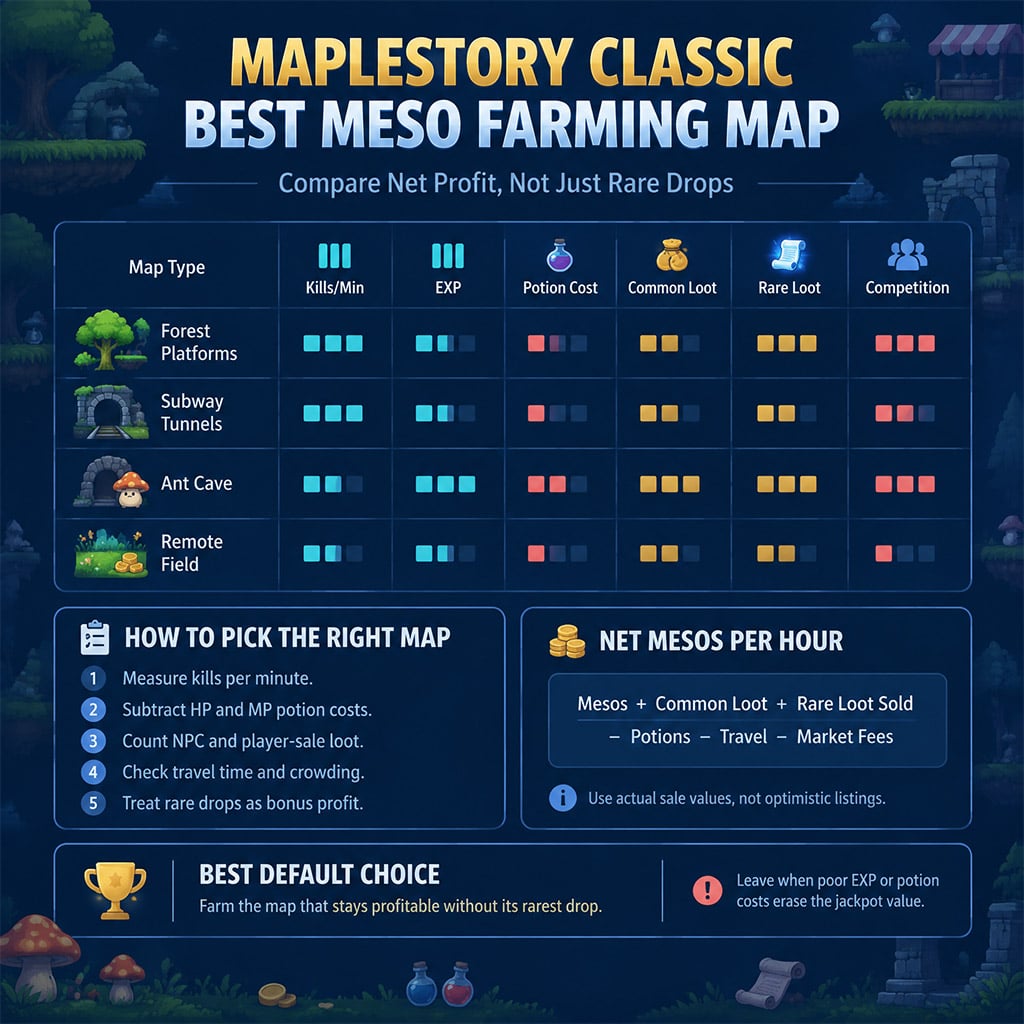 Worksheet comparing MapleStory Classic maps by kills, experience, potion cost, common loot, and rare-drop value