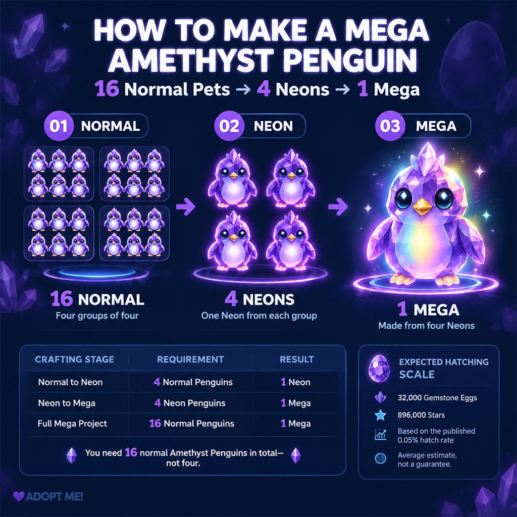 Step-by-step Adopt Me progression infographic showing 16 normal Amethyst Penguins combining into four Neons, and four Neons creating a Mega Amethyst Penguin.