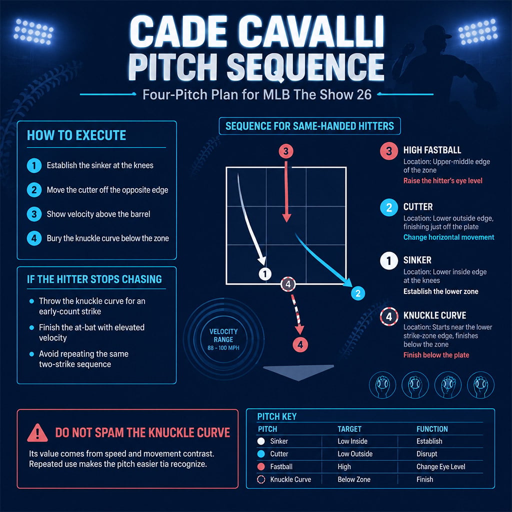 Strike-zone diagram showing a Cade Cavalli sinker, cutter, high fastball, and knuckle-curve sequence