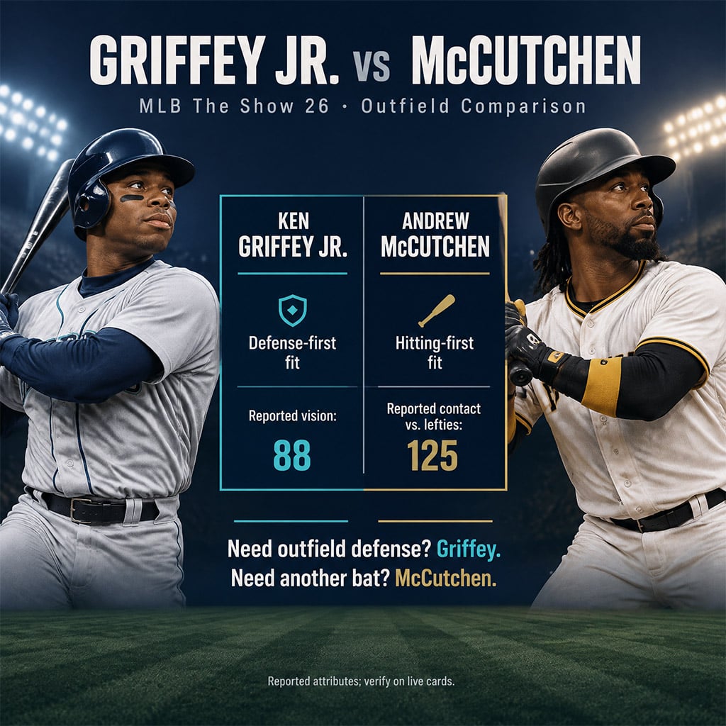 Side-by-side comparison of Ken Griffey Jr and Andrew McCutchen attributes in MLB The Show 26.