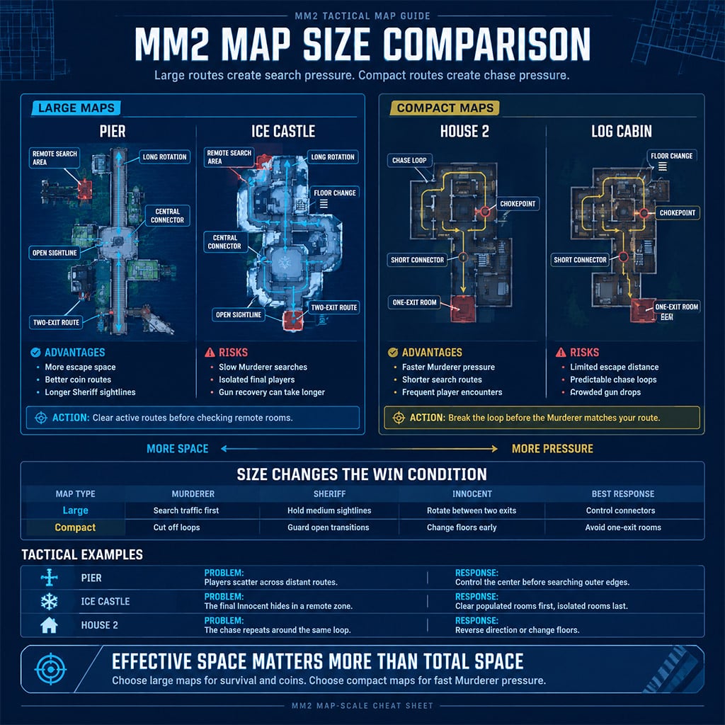 Diagram comparing large MM2 maps such as Pier and Ice Castle with compact maps such as House 2 and Log Cabin Diagram comparing large MM2 maps such as Pier and Ice Castle with compact maps such as House 2 and Log Cabin