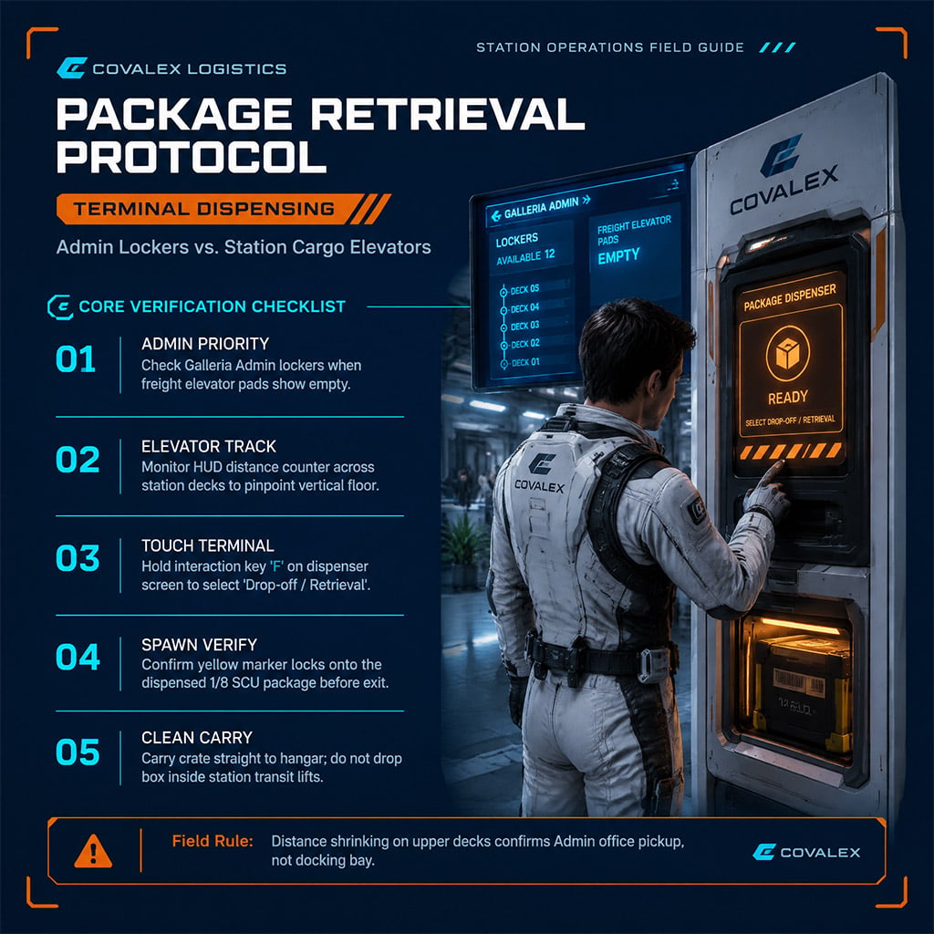Player interacting with an orange Covalex delivery package machine in a space station Admin office